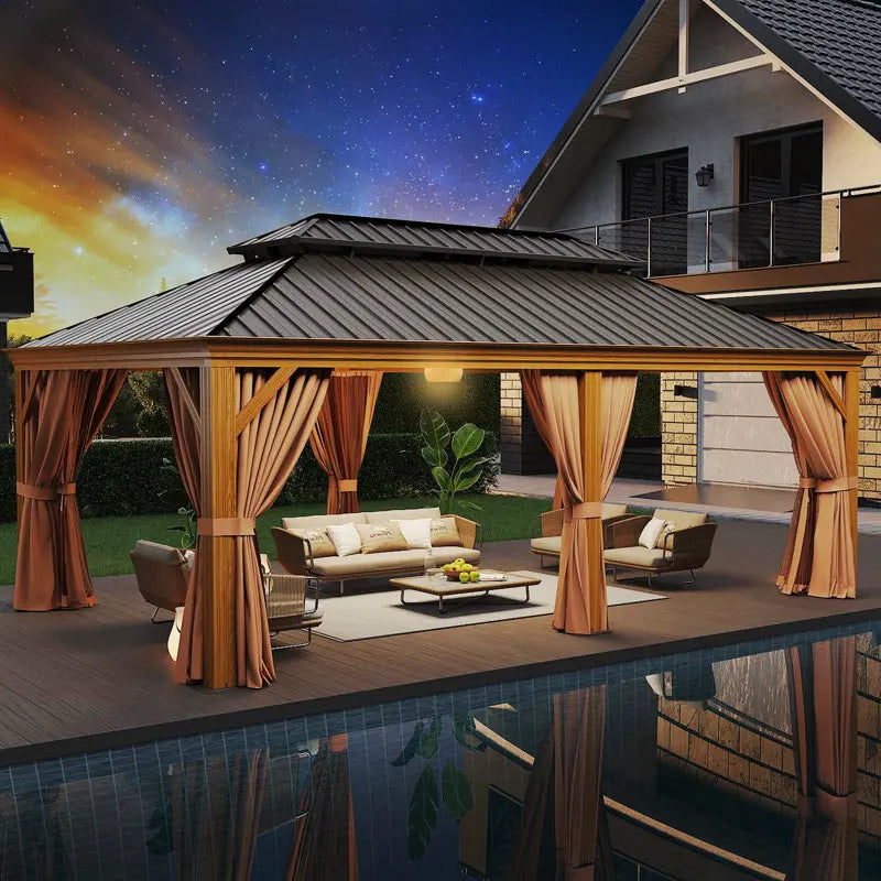AOXUN 12' x 20' Wood-Look Aluminum Hardtop Gazebo with Double Steel Roof, Curtains & Netting