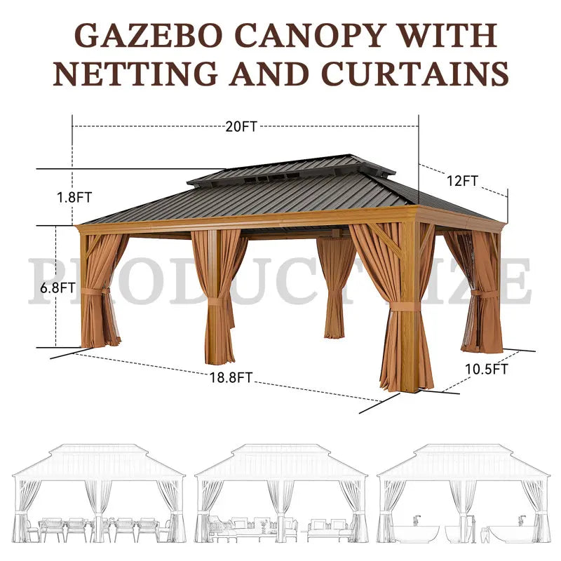 AOXUN 12' x 20' Wood-Look Aluminum Hardtop Gazebo with Double Steel Roof, Curtains & Netting