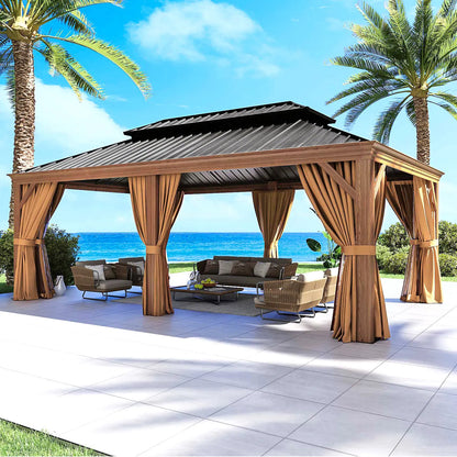 AOXUN 12' x 20' Wood-Look Aluminum Hardtop Gazebo with Double Steel Roof, Curtains & Netting