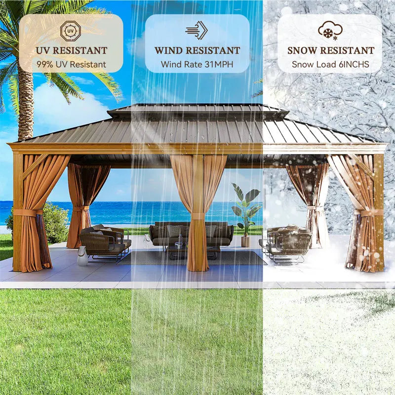 AOXUN 12' x 20' Wood-Look Aluminum Hardtop Gazebo with Double Steel Roof, Curtains & Netting