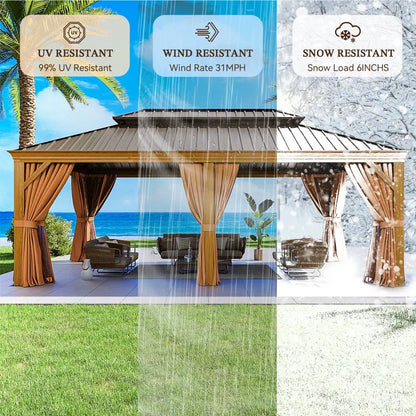 AOXUN 12' x 20' Wood-Look Aluminum Hardtop Gazebo with Double Steel Roof, Curtains & Netting