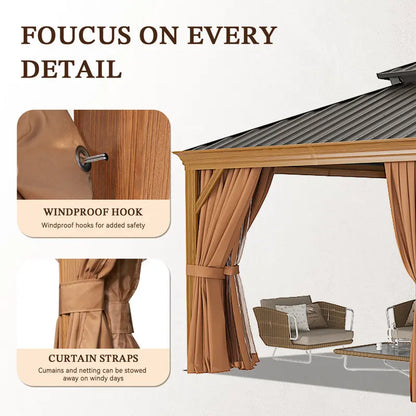 AOXUN 12' x 20' Wood-Look Aluminum Hardtop Gazebo with Double Steel Roof, Curtains & Netting