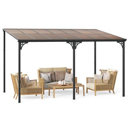 Wall-Mounted Patio Gazebo Large Outdoor Hardtop Pergola with Sloped Polycarbonate Roof-Black