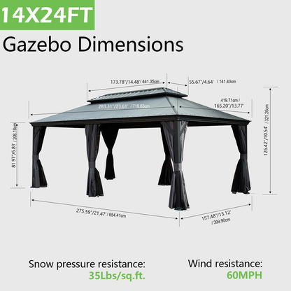 Crefise Patio Life 14' x 24' Hardtop Gazebo with Resin Roof, Curtains & Netting