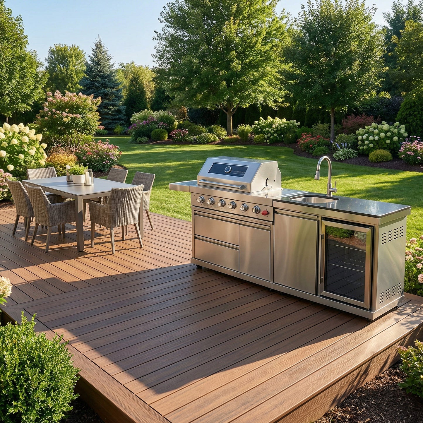 The Sterling 84" 6-Burner Stainless Steel Outdoor Kitchen with Refrigerator, Sink & Rotisserie