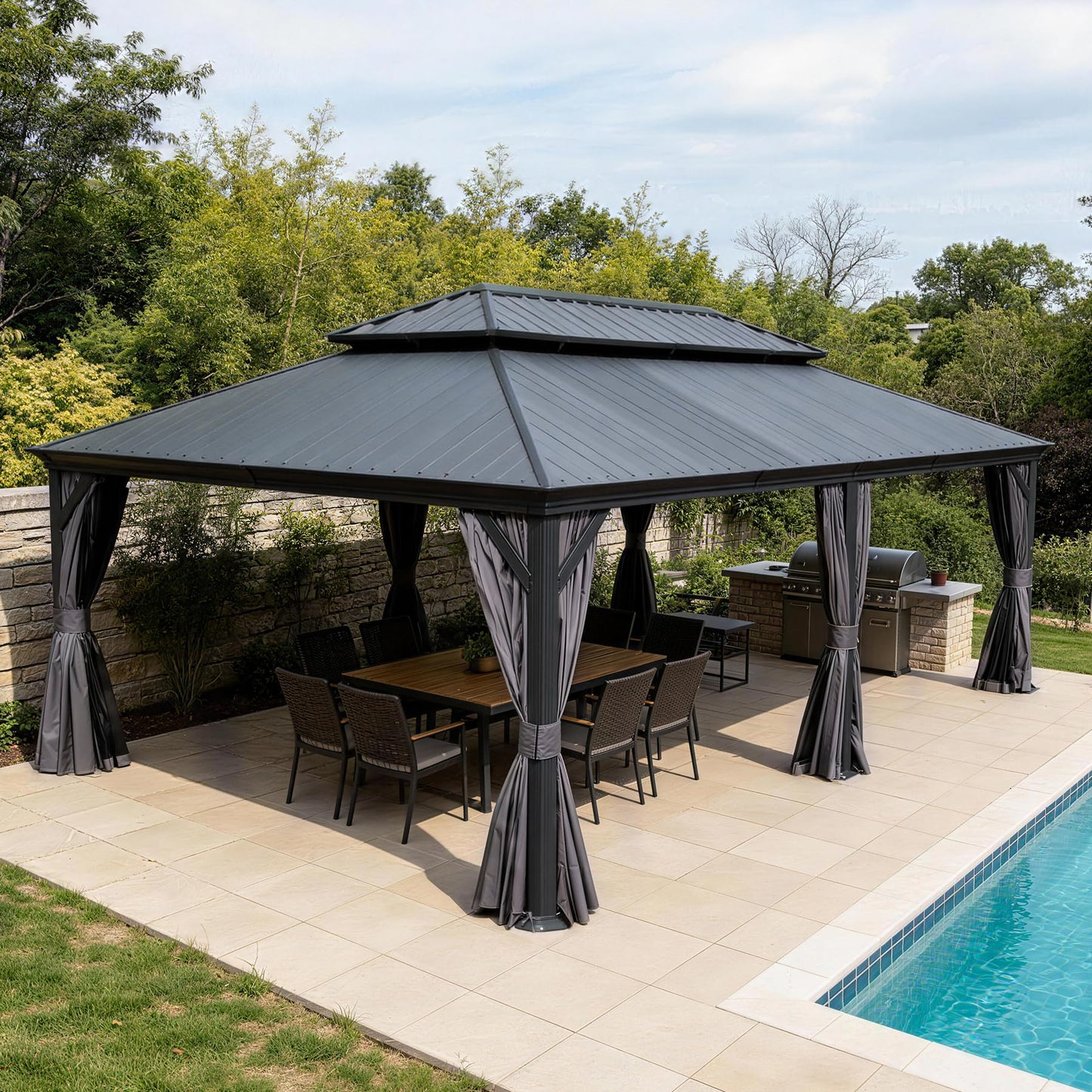 Crefise Patio Life 14' x 24' Hardtop Gazebo with Resin Roof, Curtains & Netting