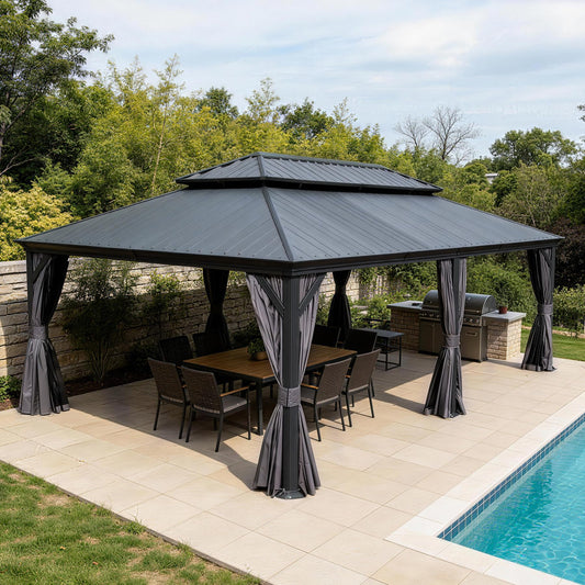 Crefise Patio Life 14' x 24' Hardtop Gazebo with Resin Roof, Curtains & Netting