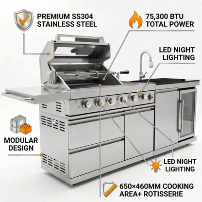 The Sterling 84" 6-Burner Stainless Steel Outdoor Kitchen with Refrigerator, Sink & Rotisserie