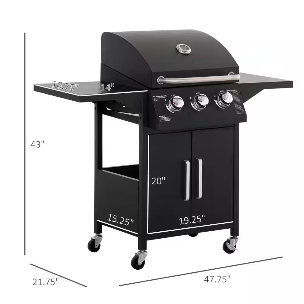 Outdoor 3 Burner Gas Grill, Propane, Portable Smoker in Black with Wheels, Warming Rack