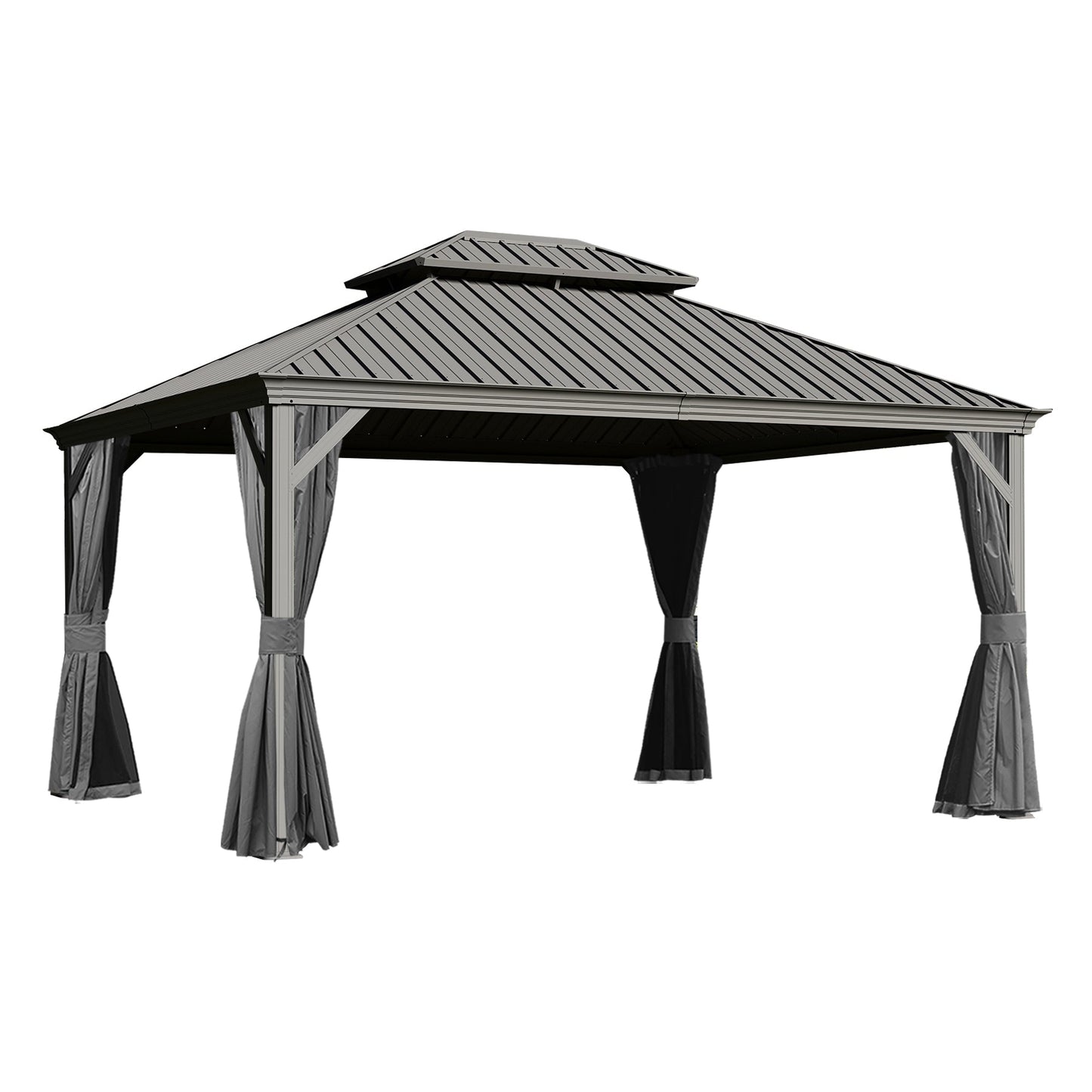 Crefise Patio Life 10' x 13' Hardtop Gazebo with Galvanized Steel Double Roof, Curtains & Netting