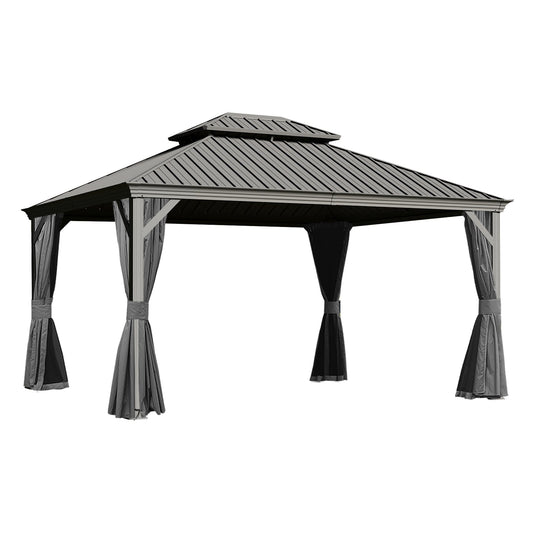 Crefise Patio Life 10' x 13' Hardtop Gazebo with Galvanized Steel Double Roof, Curtains & Netting