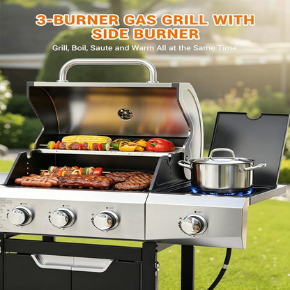 3 Burner Propane Gas Grill with Side Burner, 40,500 BTU Stainless Steel BBQ Grill, 380 Sq.In Cooking Area, Cast Iron Grates, Outdoor Gas Grill for Patio, Backyard, Garden & Outdoor Cooking