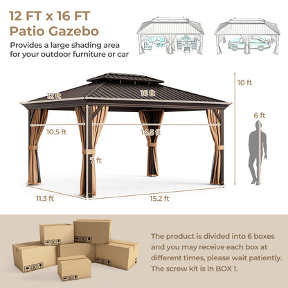 12'x16' Double-Roof Hardtop Gazebo with Galvanized Steel Roof-Coffee