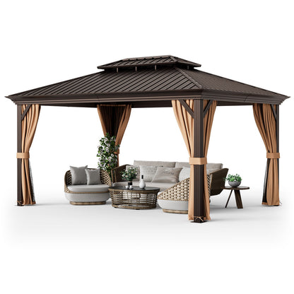 12'x16' Double-Roof Hardtop Gazebo with Galvanized Steel Roof-Coffee