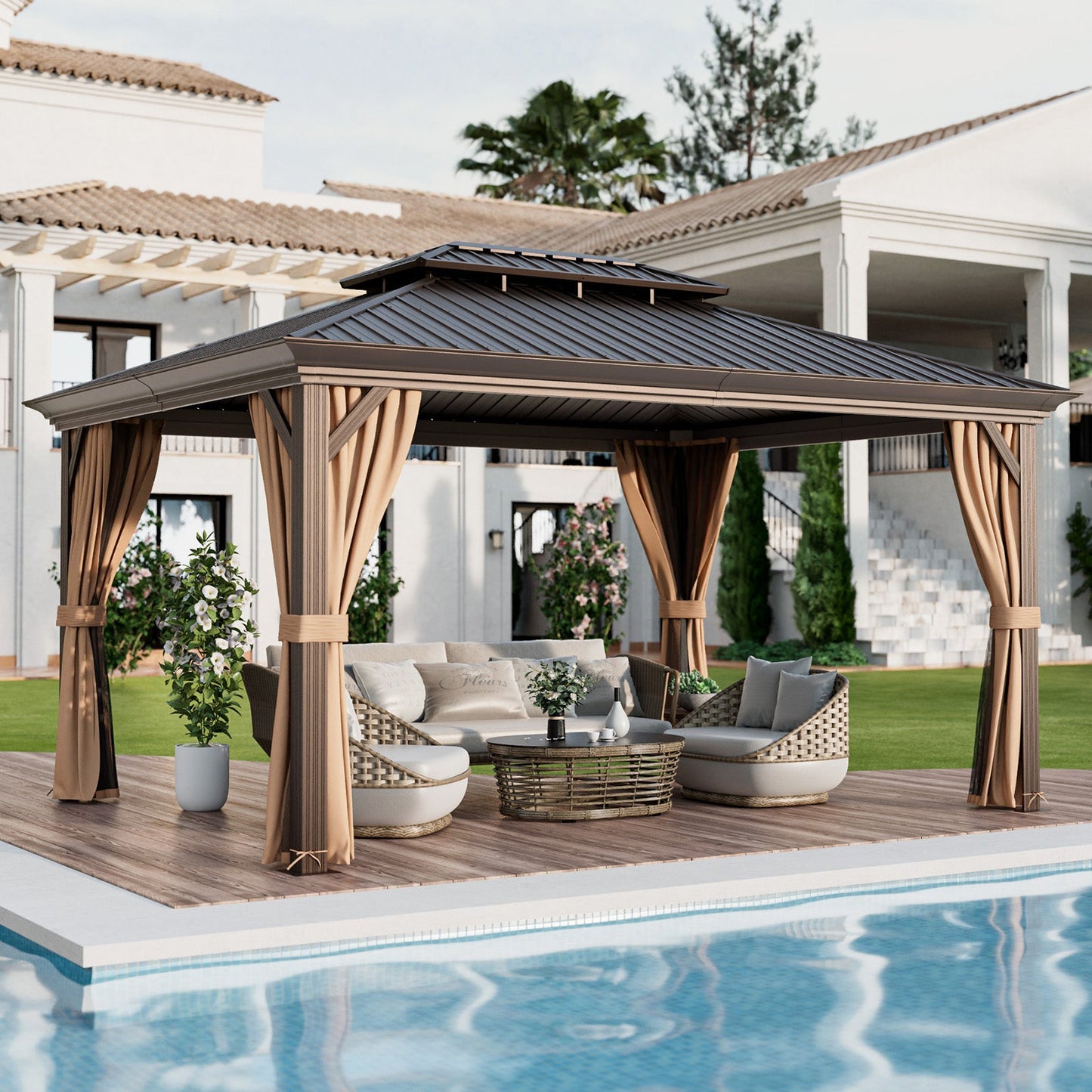 12'x16' Double-Roof Hardtop Gazebo with Galvanized Steel Roof-Coffee