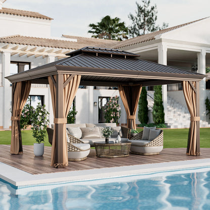 12'x16' Double-Roof Hardtop Gazebo with Galvanized Steel Roof-Coffee