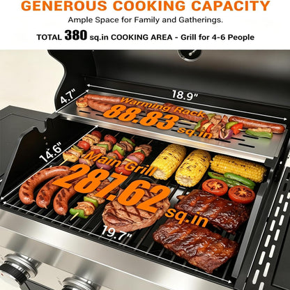 3 Burner Propane Gas Grill with Side Burner, 40,500 BTU Stainless Steel BBQ Grill, 380 Sq.In Cooking Area, Cast Iron Grates, Outdoor Gas Grill for Patio, Backyard, Garden & Outdoor Cooking