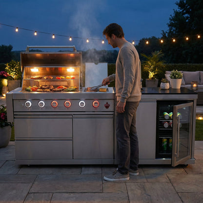 The Sterling 84" 6-Burner Stainless Steel Outdoor Kitchen with Refrigerator, Sink & Rotisserie