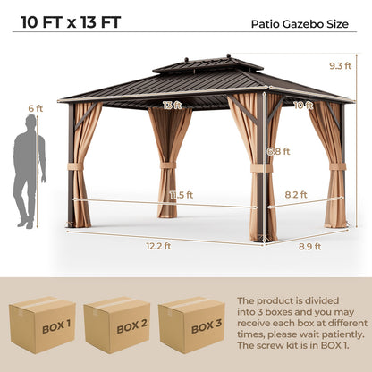 10'x13' Hardtop Patio Gazebo with Galvanized Steel Double Roof, Netting & Curtains – Coffee