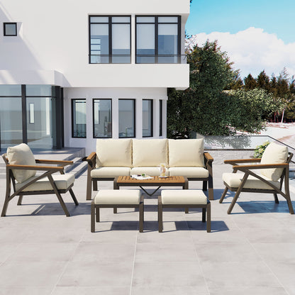 6-Piece Modern Outdoor Conversation Set with Acacia Wood Accents & Cushions