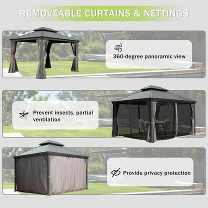 Crefise Patio Life 10' x 13' Hardtop Gazebo with Galvanized Steel Double Roof, Curtains & Netting