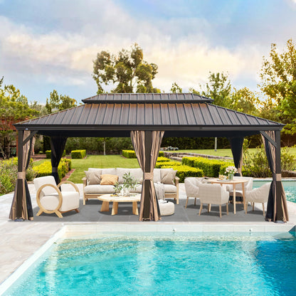 Crefise Patio Life 14' x 22' Hardtop Gazebo with Galvanized Steel Roof, Curtains & Netting