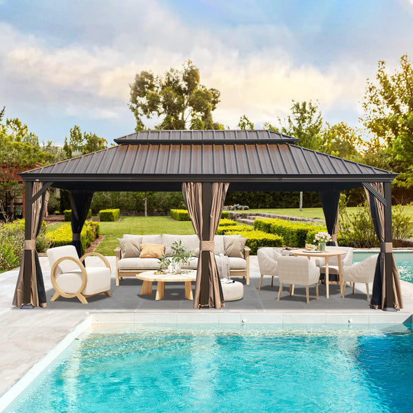 Crefise Patio Life 14' x 22' Hardtop Gazebo with Galvanized Steel Roof, Curtains & Netting