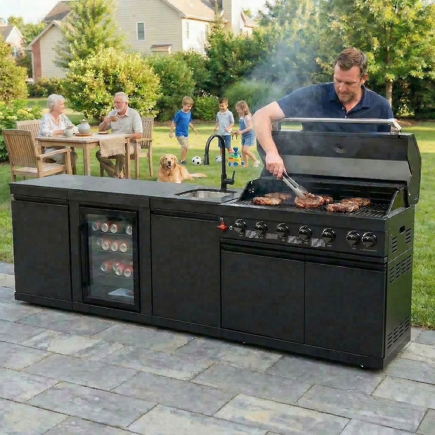 The Sterling 6-Burner Stainless Steel Outdoor Kitchen with Wine Cooler & Marble Countertops