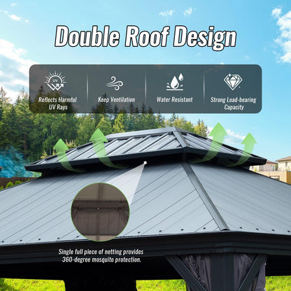 Crefise Patio Life 12' x 16' Hardtop Gazebo with Resin Roof, Drainage Gutters, Curtains & Netting