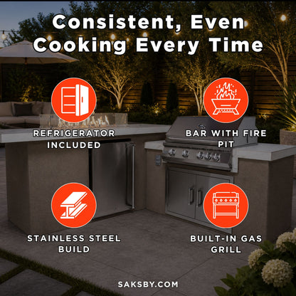 KoKoMo Grills Baja 9' Outdoor BBQ Island with 32" Built-In Grill, Refrigerator & Fire Feature