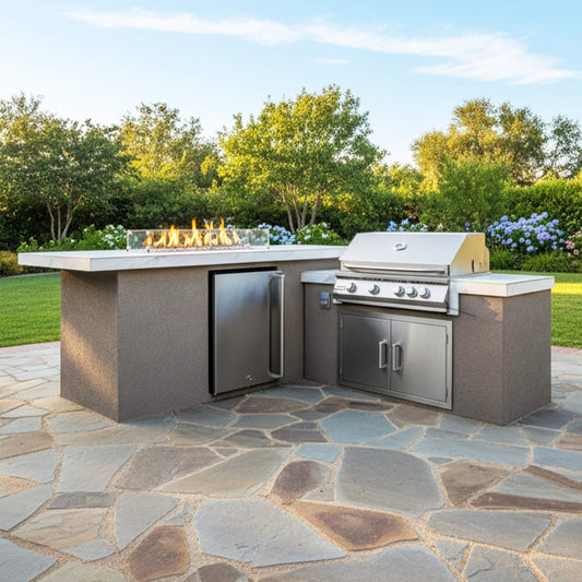 KoKoMo Grills Baja 9' Outdoor BBQ Island with 32" Built-In Grill, Refrigerator & Fire Feature
