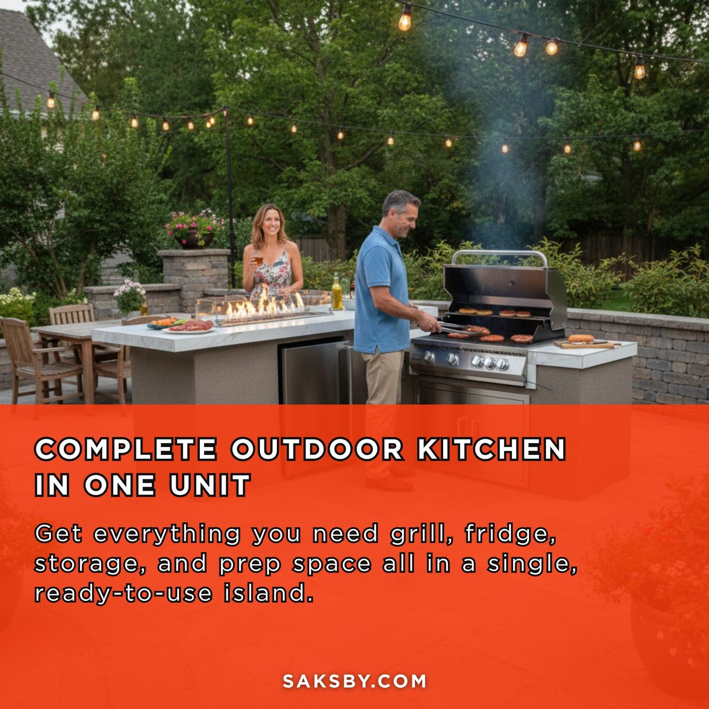 KoKoMo Grills Baja 9' Outdoor BBQ Island with 32" Built-In Grill, Refrigerator & Fire Feature
