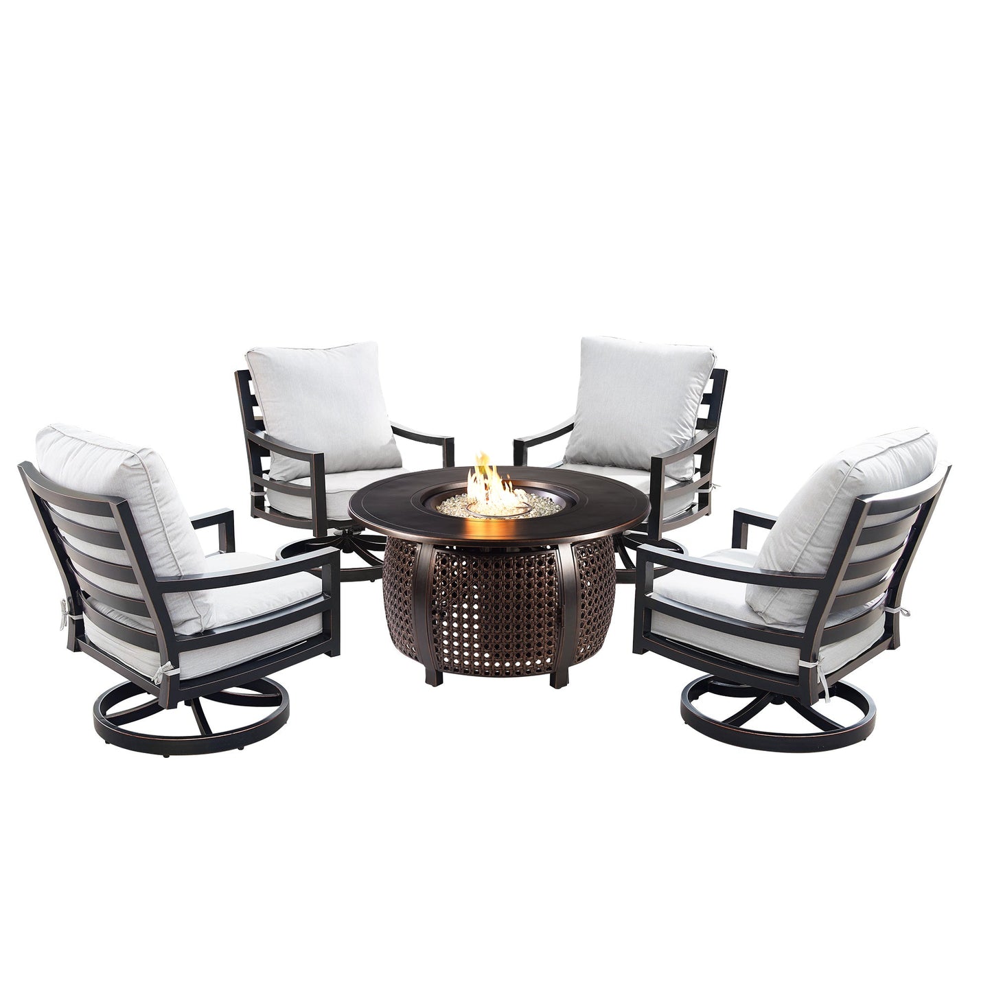 44" Round Aluminum Fire Pit Table Set with 4 Swivel Rocking Chairs