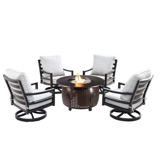 44" Round Aluminum Fire Pit Table Set with 4 Swivel Rocking Chairs