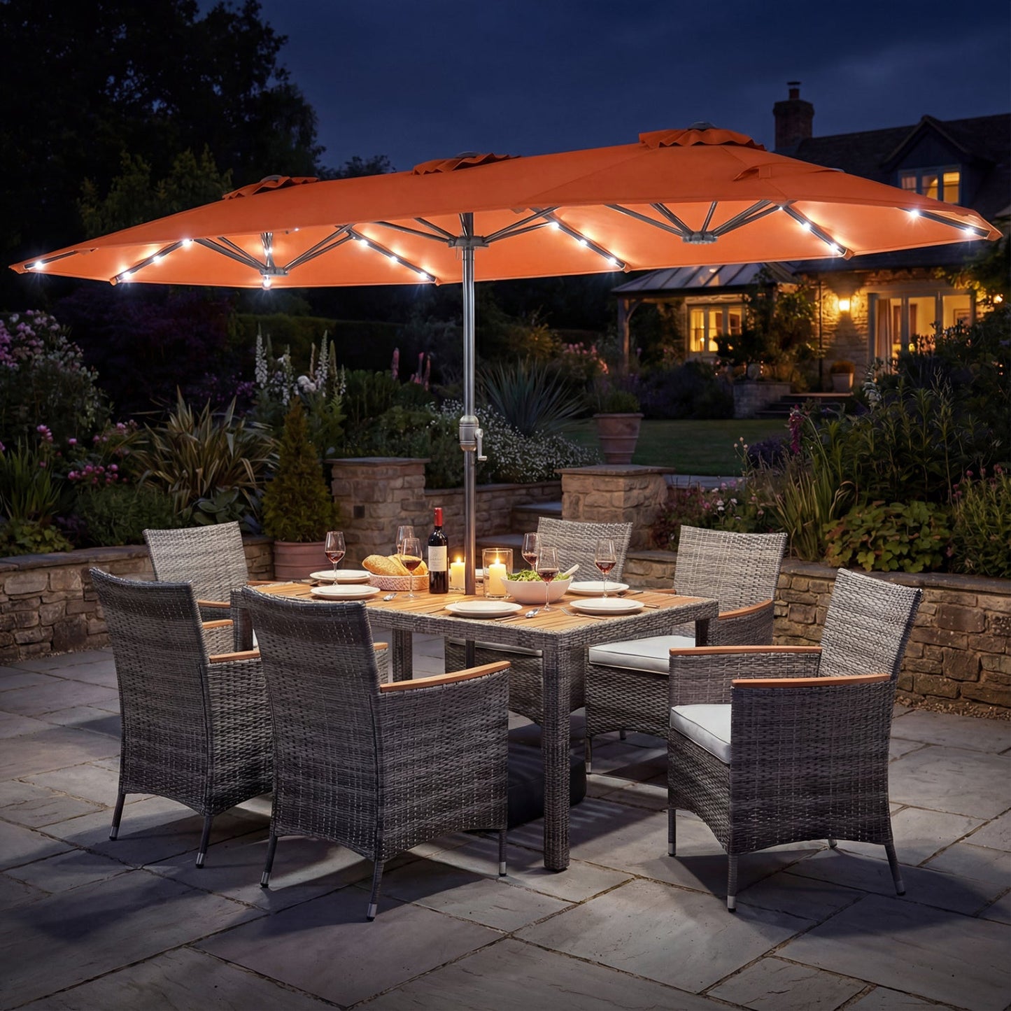 8 Pieces Outdoor Wicker Dining Furniture and 13.5 FT Double-Sided Patio Umbrella