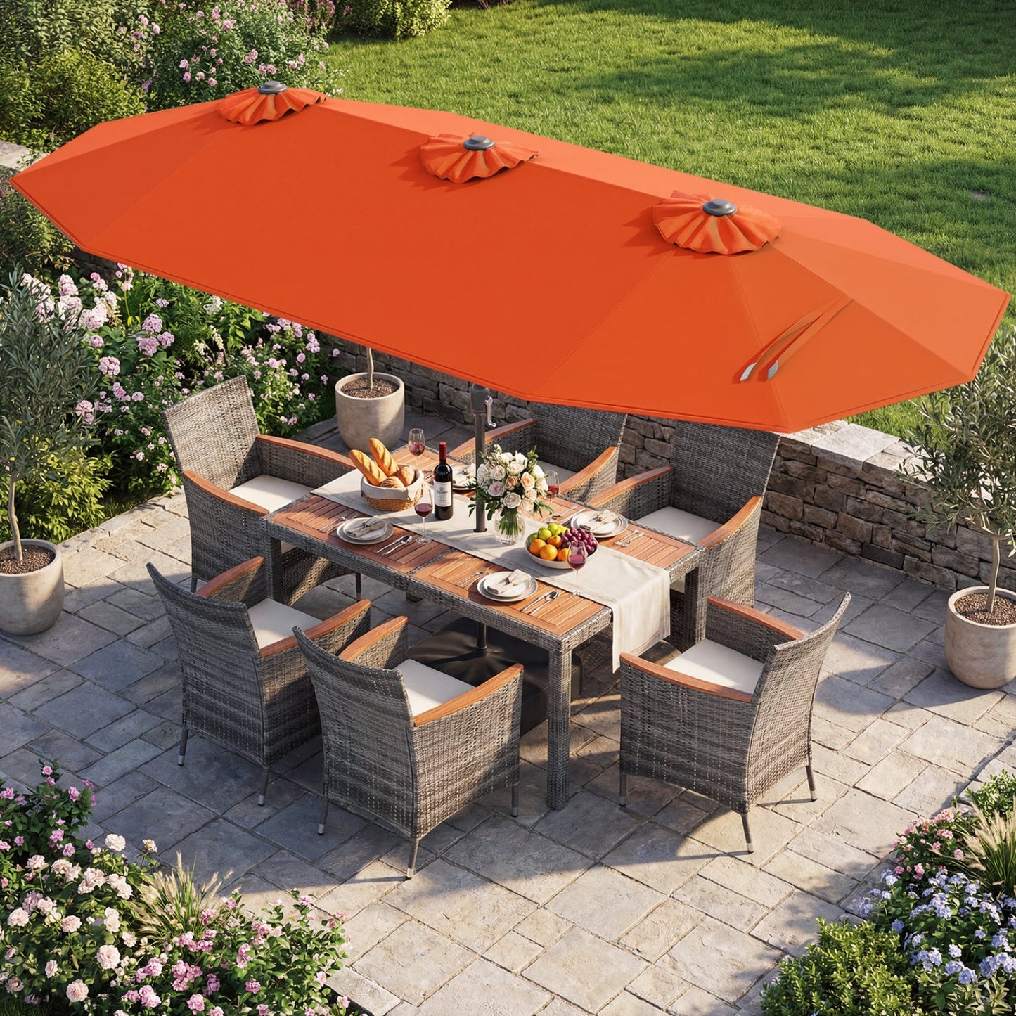 8 Pieces Outdoor Wicker Dining Furniture and 13.5 FT Double-Sided Patio Umbrella