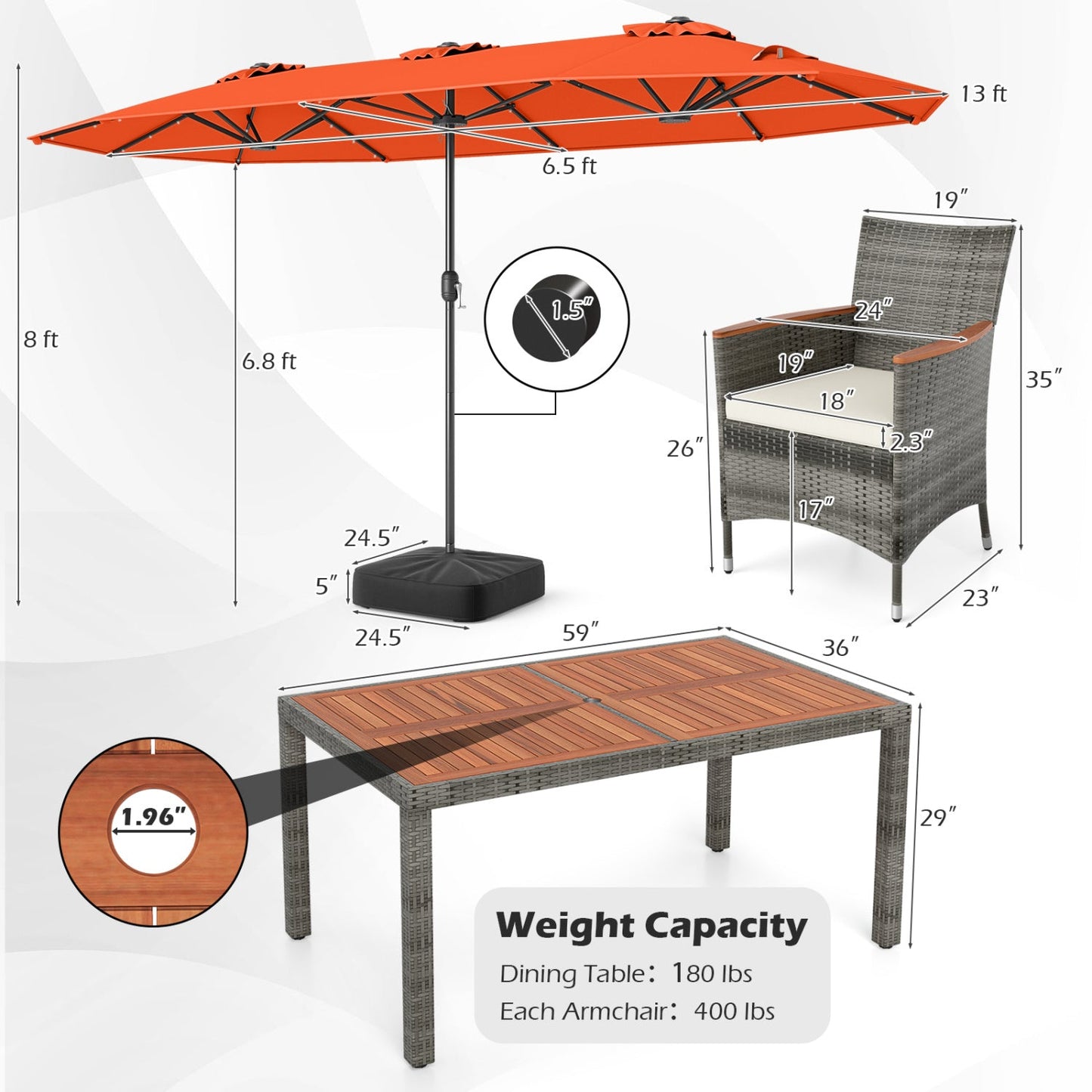 8 Pieces Outdoor Wicker Dining Furniture and 13.5 FT Double-Sided Patio Umbrella