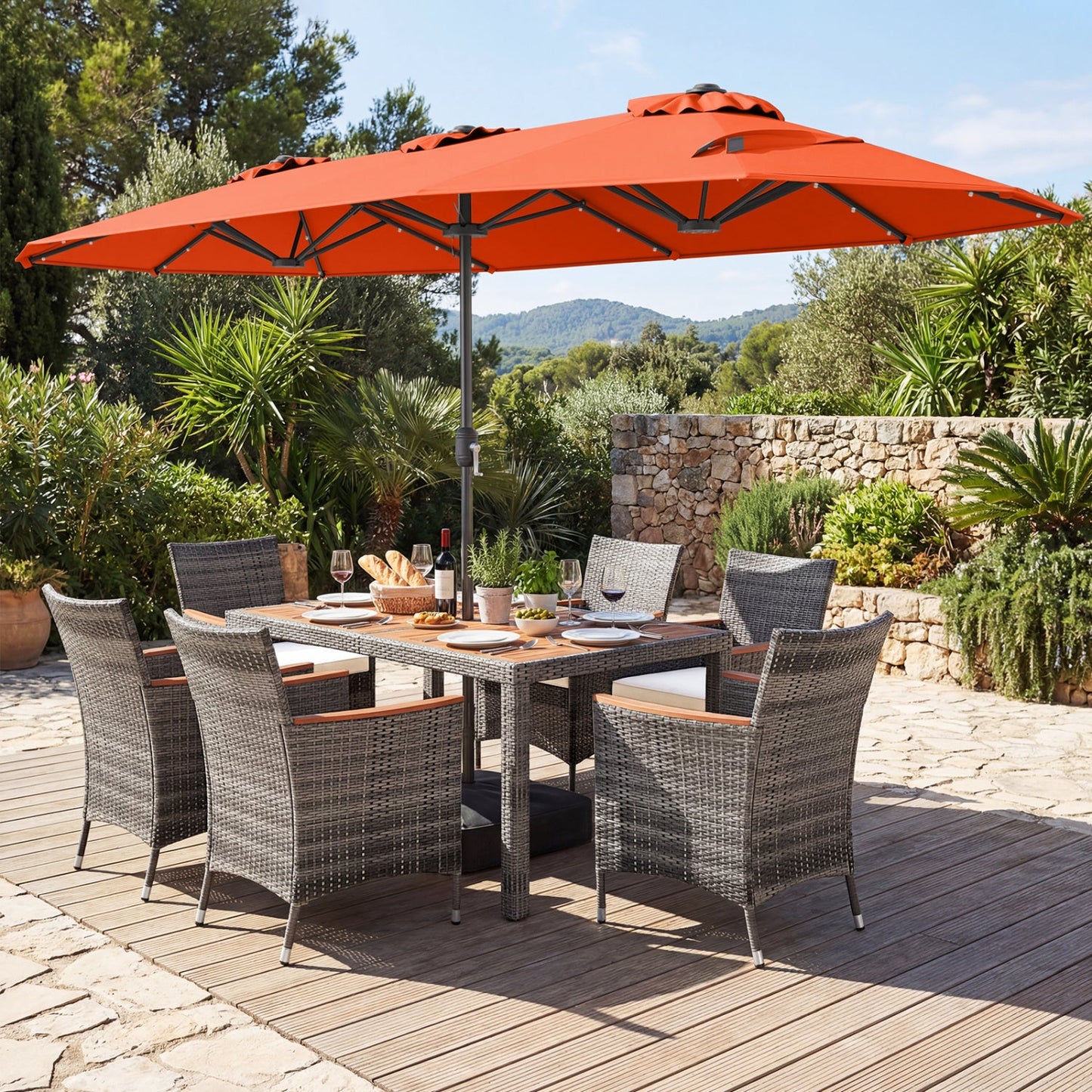 8 Pieces Outdoor Wicker Dining Furniture and 13.5 FT Double-Sided Patio Umbrella