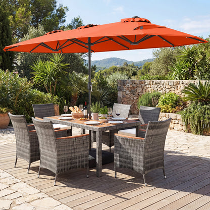 8 Pieces Outdoor Wicker Dining Furniture and 13.5 FT Double-Sided Patio Umbrella