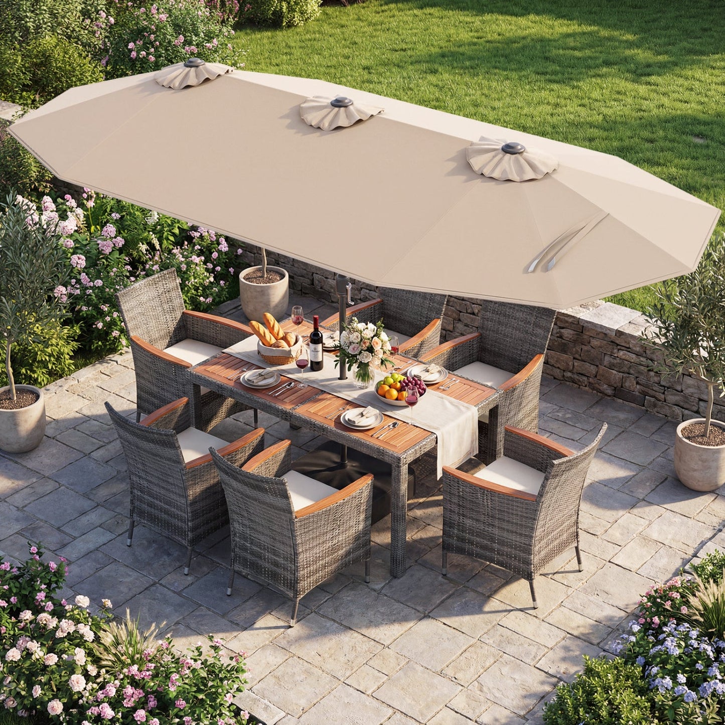 8 Pieces Outdoor Wicker Dining Furniture and 13.5 FT Double-Sided Patio Umbrella