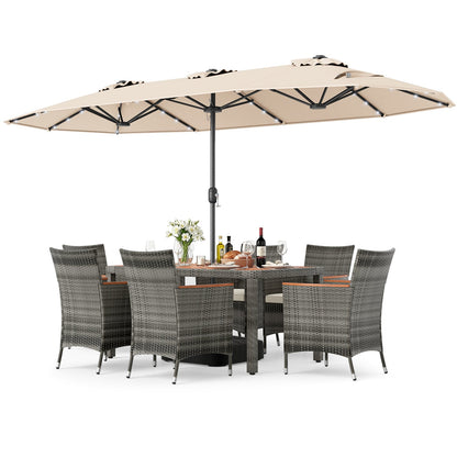 8 Pieces Outdoor Wicker Dining Furniture and 13.5 FT Double-Sided Patio Umbrella