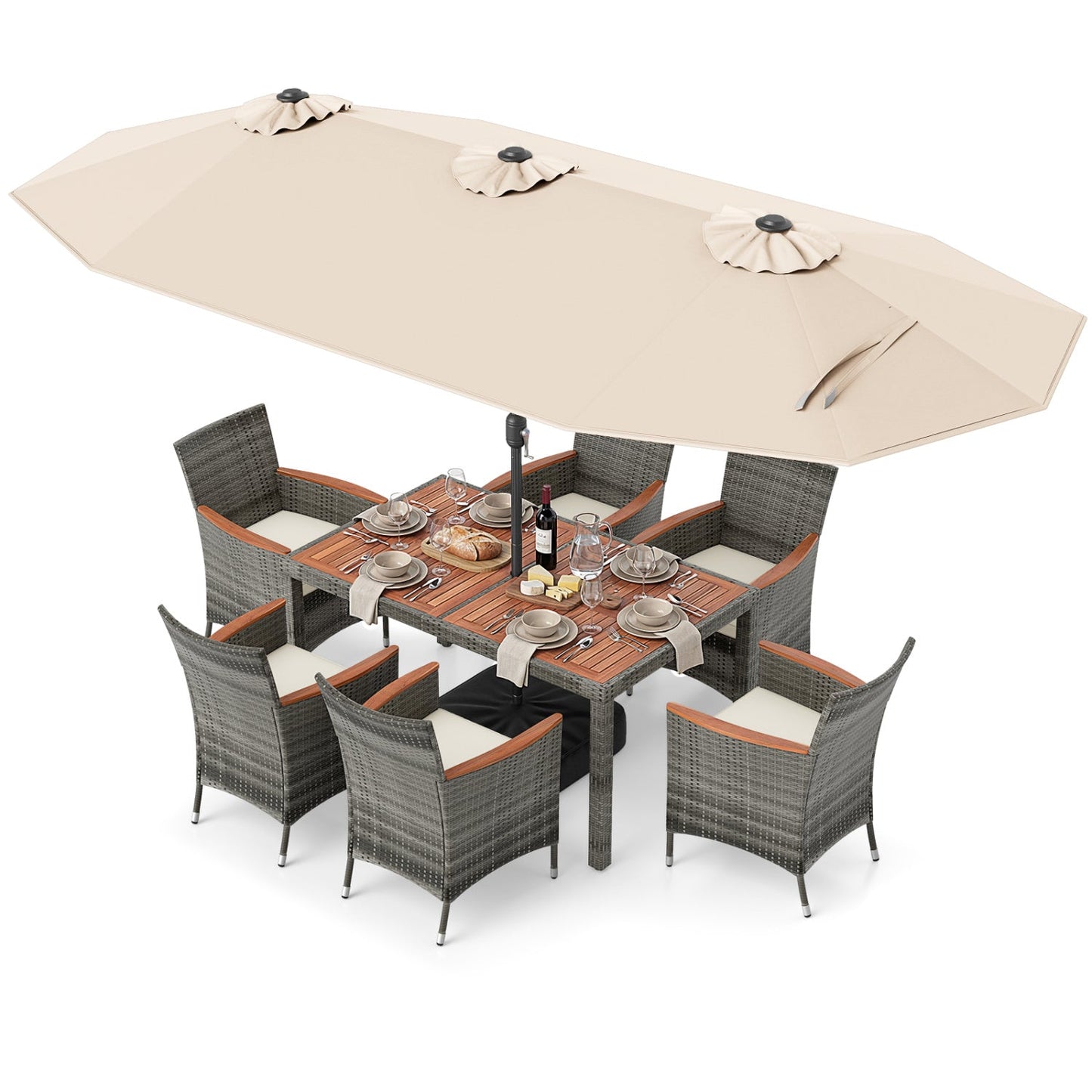 8 Pieces Outdoor Wicker Dining Furniture and 13.5 FT Double-Sided Patio Umbrella