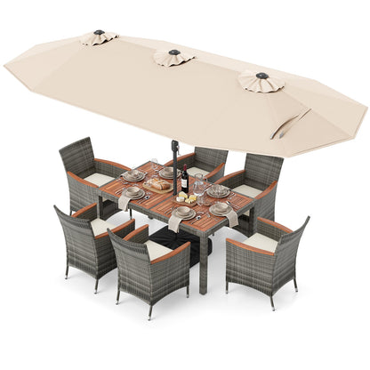 8 Pieces Outdoor Wicker Dining Furniture and 13.5 FT Double-Sided Patio Umbrella