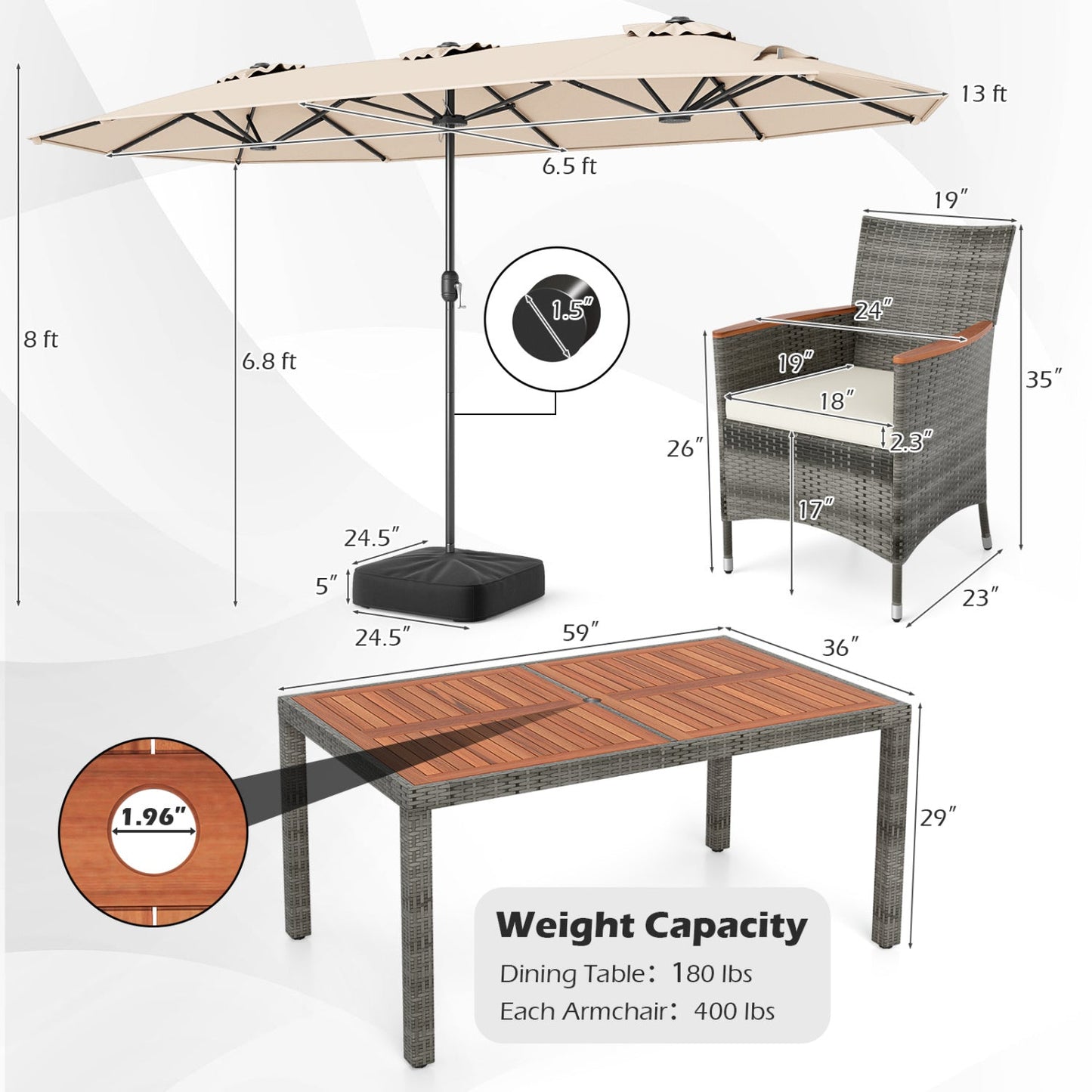 8 Pieces Outdoor Wicker Dining Furniture and 13.5 FT Double-Sided Patio Umbrella