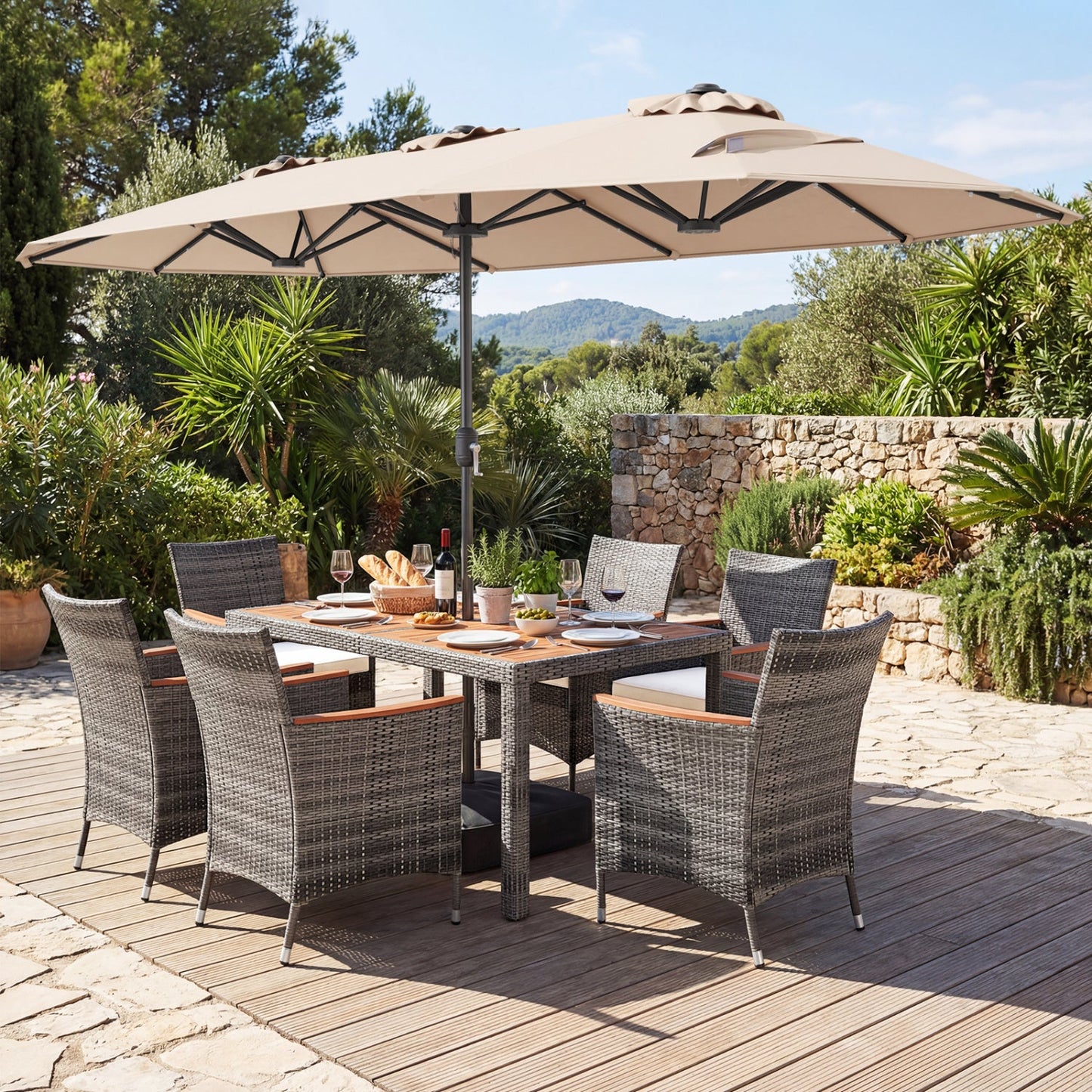8 Pieces Outdoor Wicker Dining Furniture and 13.5 FT Double-Sided Patio Umbrella