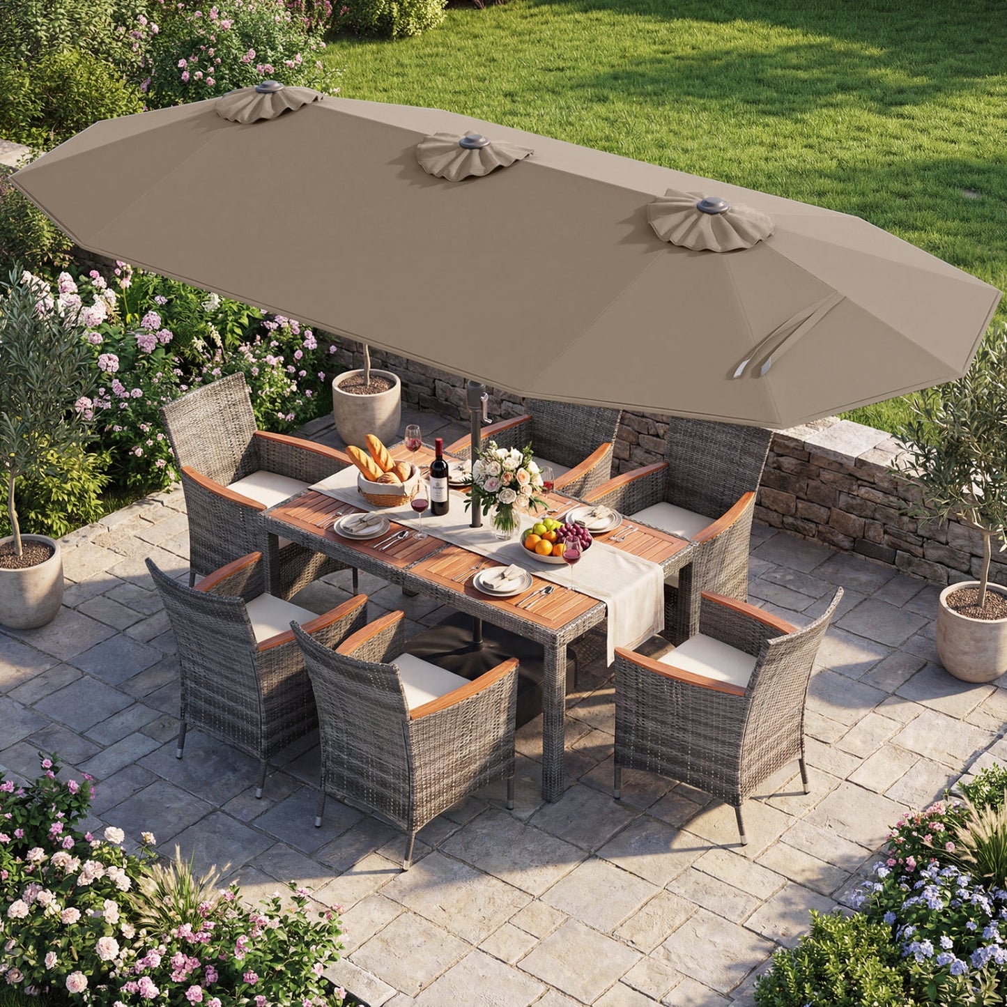 8 Pieces Outdoor Wicker Dining Furniture and 13.5 FT Double-Sided Patio Umbrella
