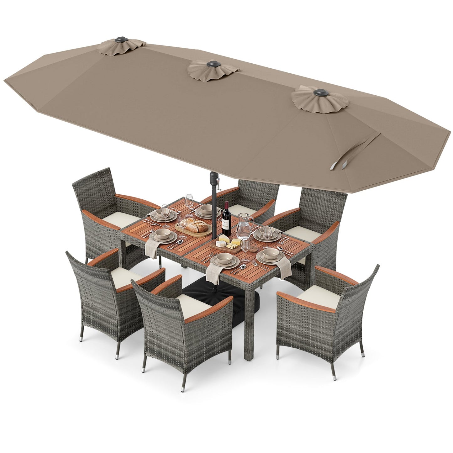 8 Pieces Outdoor Wicker Dining Furniture and 13.5 FT Double-Sided Patio Umbrella