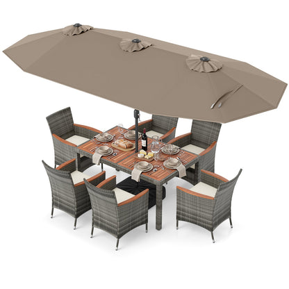 8 Pieces Outdoor Wicker Dining Furniture and 13.5 FT Double-Sided Patio Umbrella