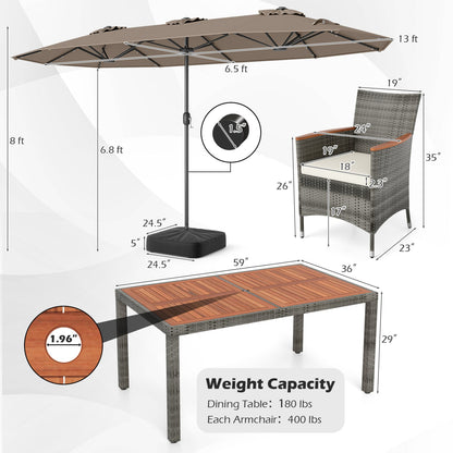 8 Pieces Outdoor Wicker Dining Furniture and 13.5 FT Double-Sided Patio Umbrella