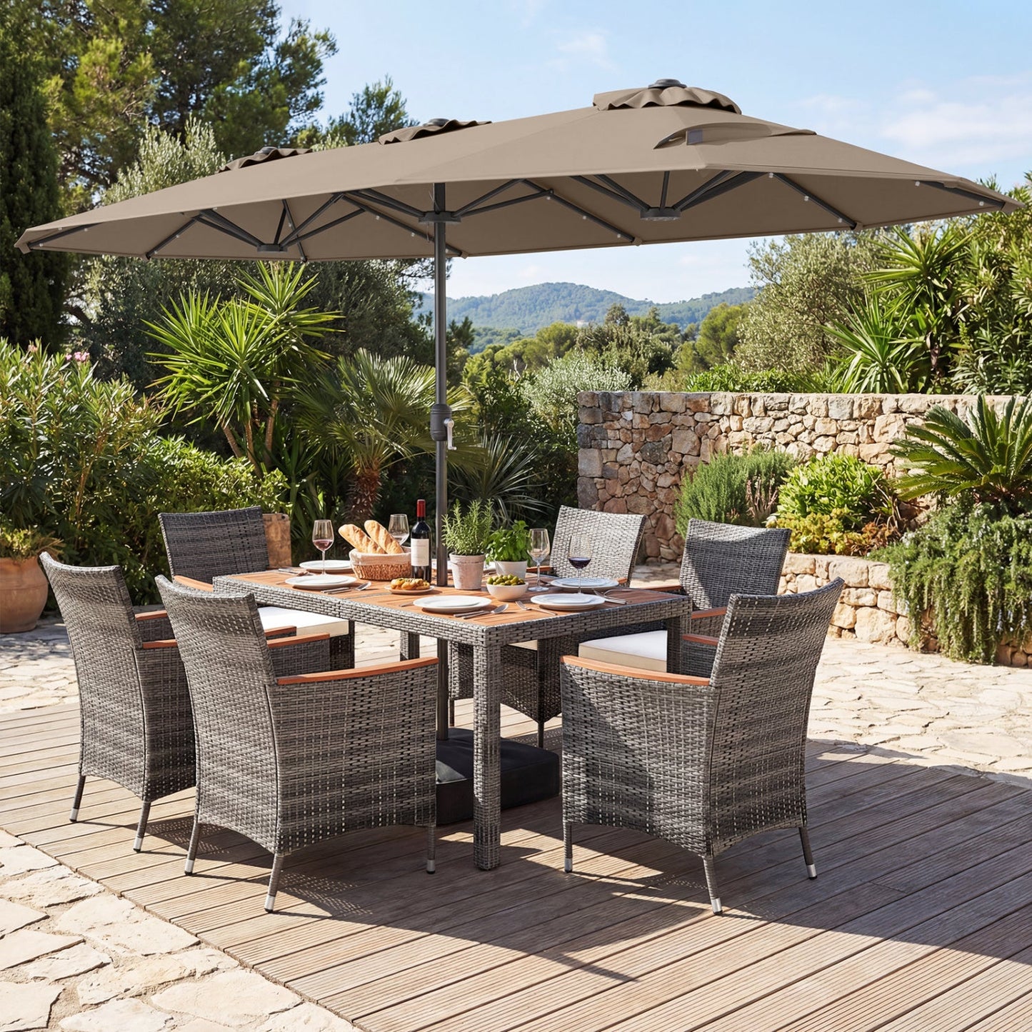 8 Pieces Outdoor Wicker Dining Furniture and 13.5 FT Double-Sided Patio Umbrella